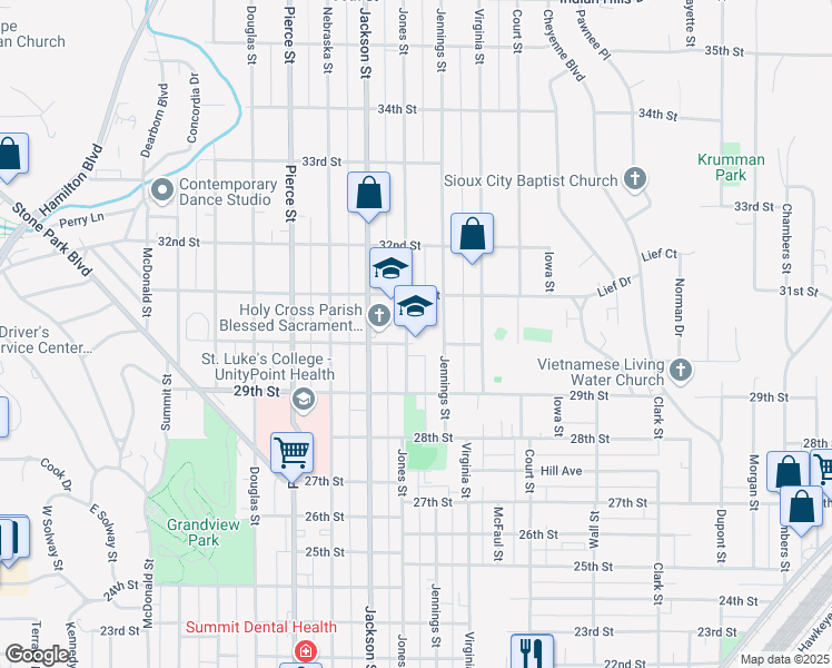 map of restaurants, bars, coffee shops, grocery stores, and more near 821 30th Street in Sioux City
