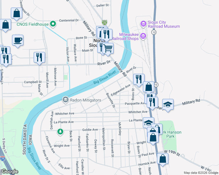 map of restaurants, bars, coffee shops, grocery stores, and more near 1034 River Drive in Sioux City