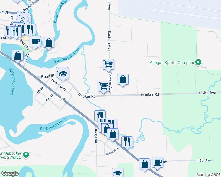 map of restaurants, bars, coffee shops, grocery stores, and more near 632 Eastern Avenue in Allegan