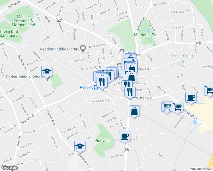 map of restaurants, bars, coffee shops, grocery stores, and more near 26 Haven Street in Reading