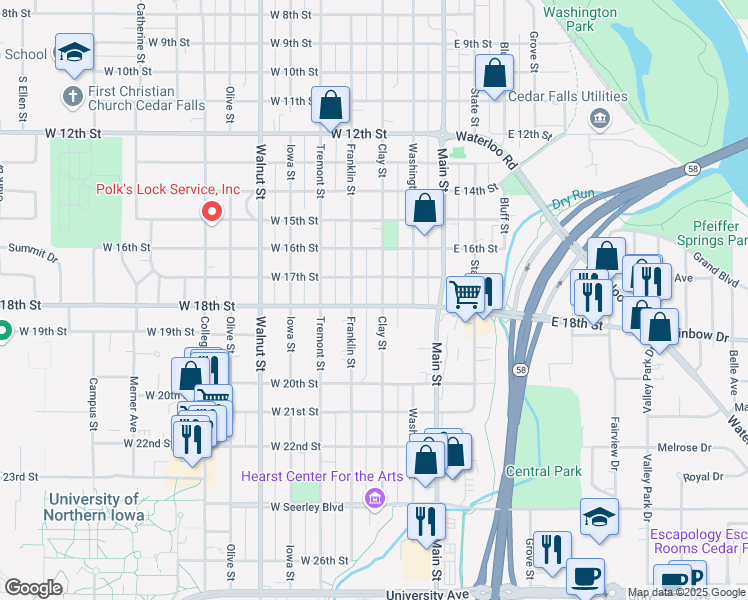 map of restaurants, bars, coffee shops, grocery stores, and more near 1721 Clay Street in Cedar Falls