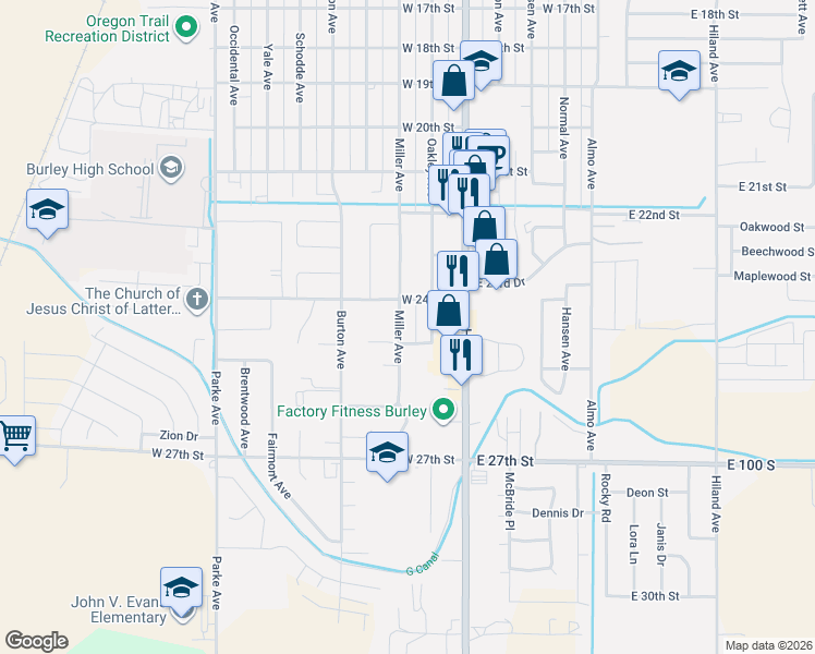 map of restaurants, bars, coffee shops, grocery stores, and more near 304 West 25th Street in Burley