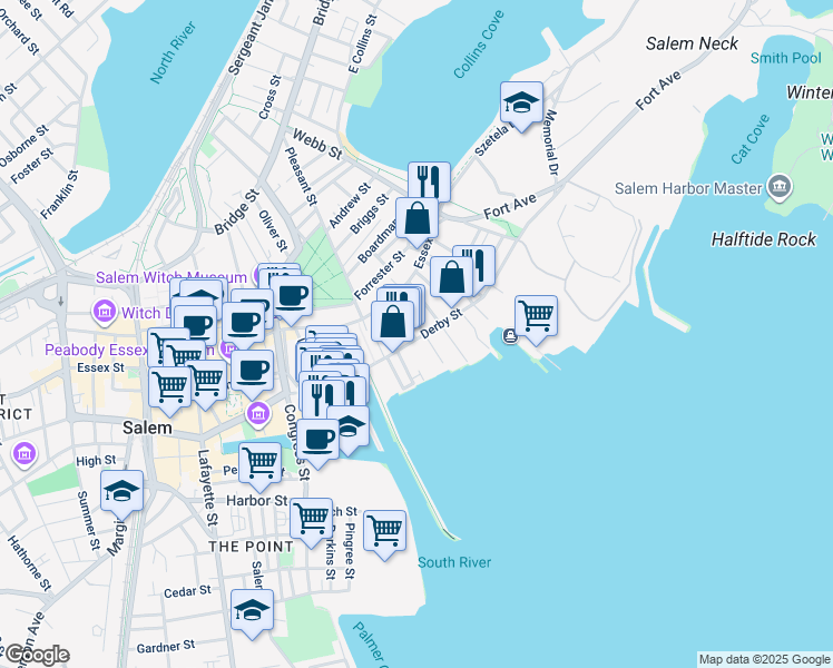 map of restaurants, bars, coffee shops, grocery stores, and more near 143 Derby Street in Salem