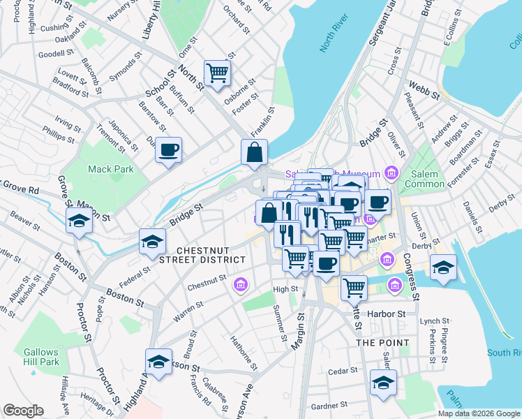 map of restaurants, bars, coffee shops, grocery stores, and more near 19 North Street in Salem