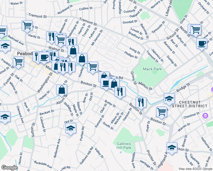 map of restaurants, bars, coffee shops, grocery stores, and more near 145 Boston Street in Salem