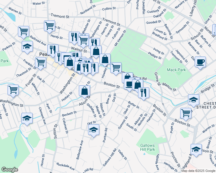map of restaurants, bars, coffee shops, grocery stores, and more near 20 Aborn Street in Salem