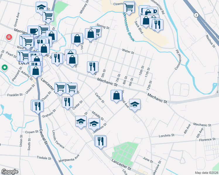 map of restaurants, bars, coffee shops, grocery stores, and more near 217 7th Street in Leominster