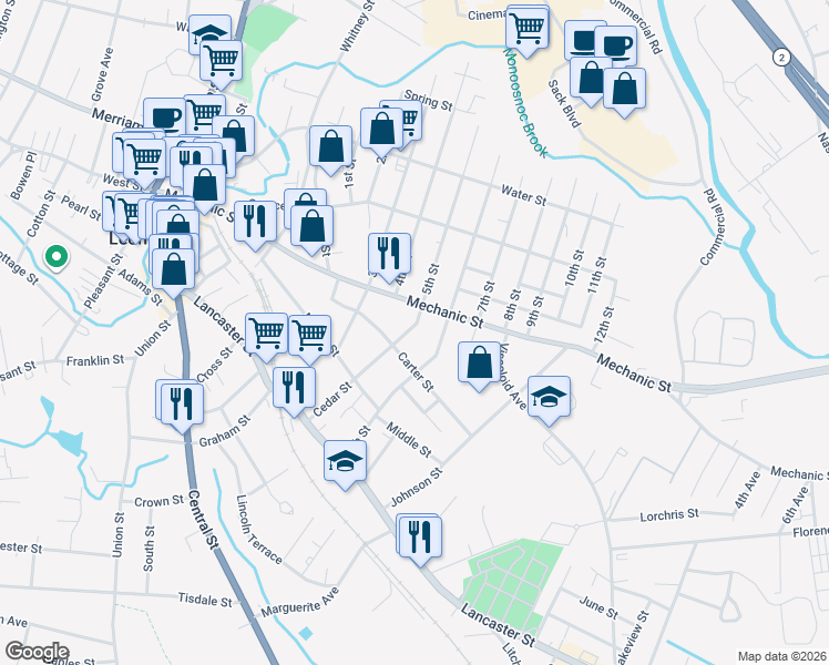 map of restaurants, bars, coffee shops, grocery stores, and more near 237 6th Street in Leominster
