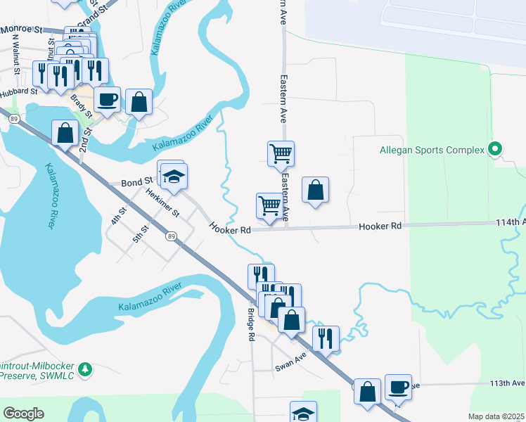 map of restaurants, bars, coffee shops, grocery stores, and more near 633 Hooker Road in Allegan