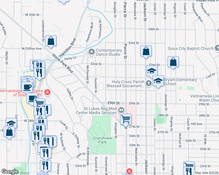 map of restaurants, bars, coffee shops, grocery stores, and more near 304 30th Street in Sioux City