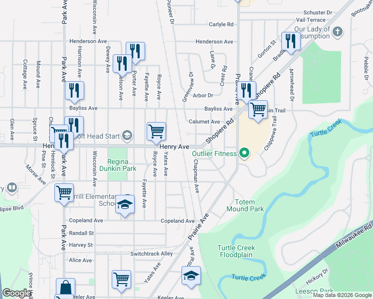 map of restaurants, bars, coffee shops, grocery stores, and more near 1750 Chapman Avenue in Beloit