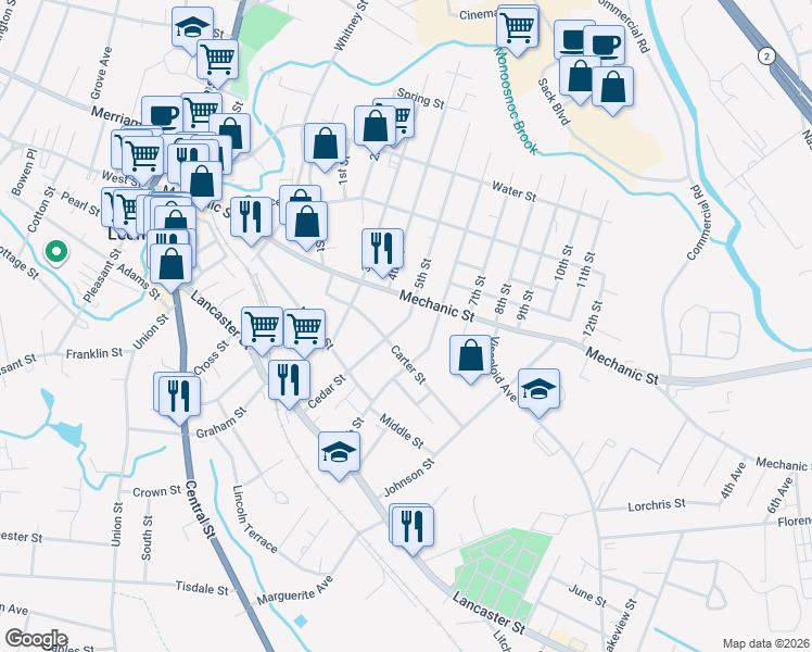 map of restaurants, bars, coffee shops, grocery stores, and more near 237 6th Street in Leominster