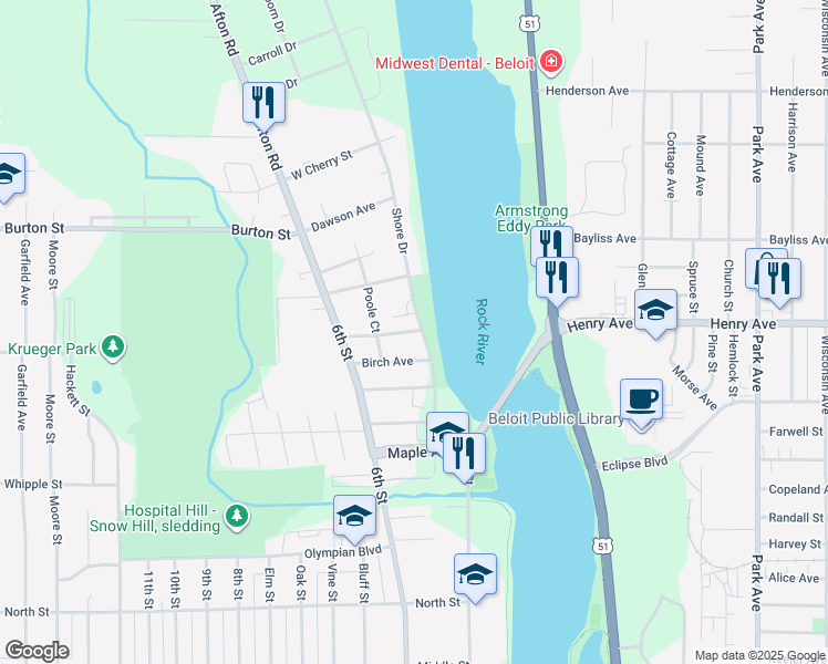 map of restaurants, bars, coffee shops, grocery stores, and more near 216 Carpenter Street in Beloit