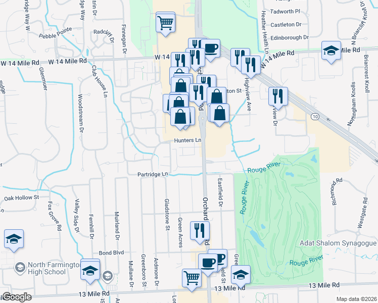 map of restaurants, bars, coffee shops, grocery stores, and more near 31474 Hunters Circle Drive in Farmington Hills