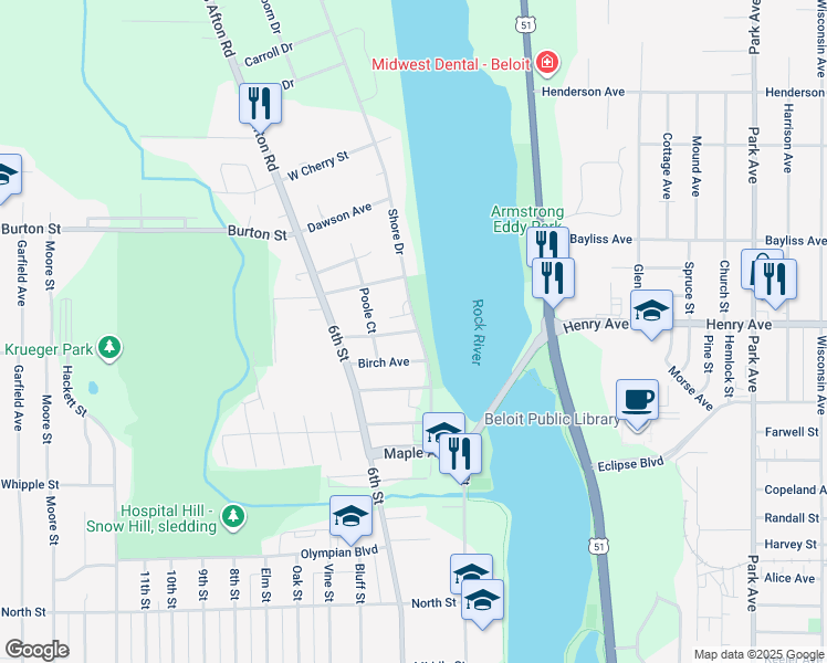 map of restaurants, bars, coffee shops, grocery stores, and more near 210 Carpenter Street in Beloit