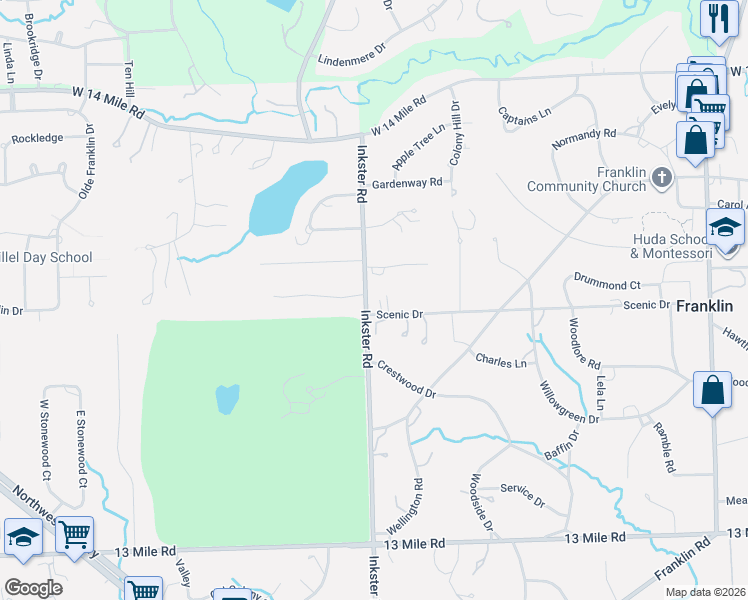 map of restaurants, bars, coffee shops, grocery stores, and more near 27400 Scenic Drive in Franklin