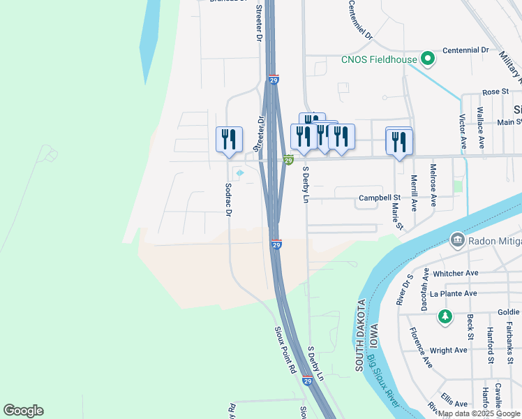 map of restaurants, bars, coffee shops, grocery stores, and more near 211 Sioux Point Road in North Sioux City