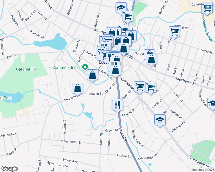 map of restaurants, bars, coffee shops, grocery stores, and more near 25 Union Street in Leominster