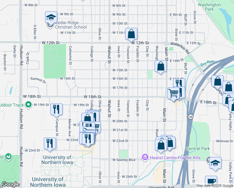 map of restaurants, bars, coffee shops, grocery stores, and more near 610 West 18th Street in Cedar Falls