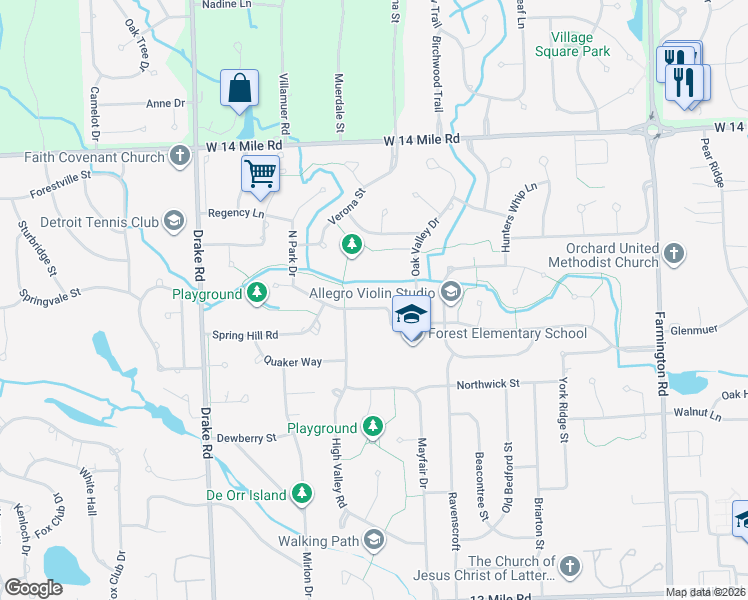 map of restaurants, bars, coffee shops, grocery stores, and more near 34461 Old Timber Road in Farmington Hills