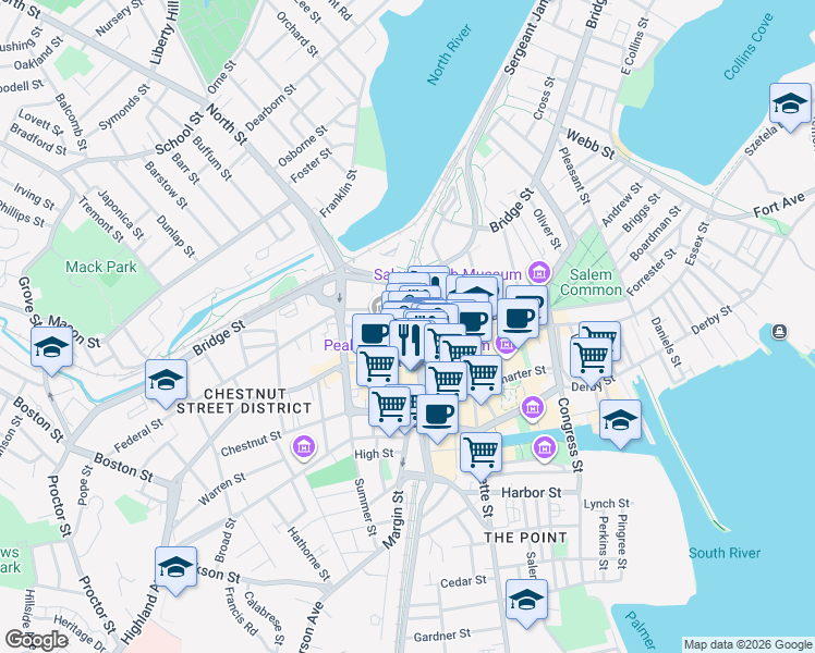 map of restaurants, bars, coffee shops, grocery stores, and more near 60 Washington Street in Salem