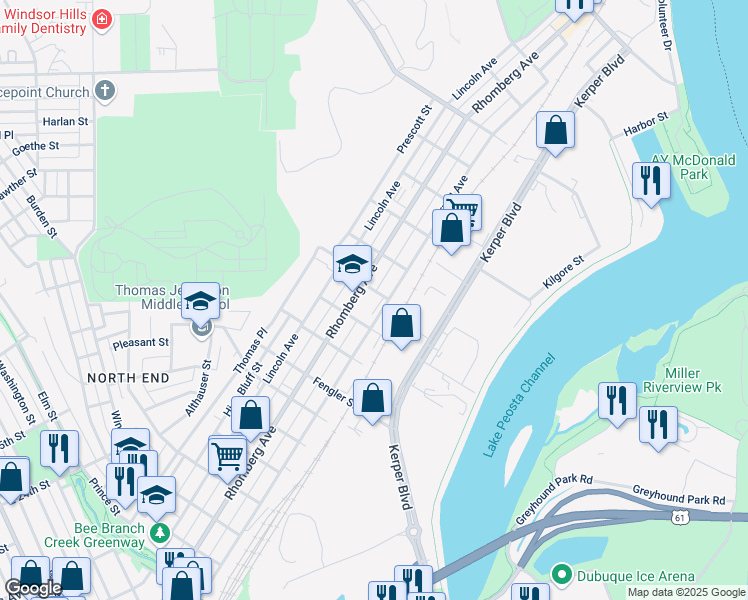 map of restaurants, bars, coffee shops, grocery stores, and more near 1450 Rhomberg Avenue in Dubuque