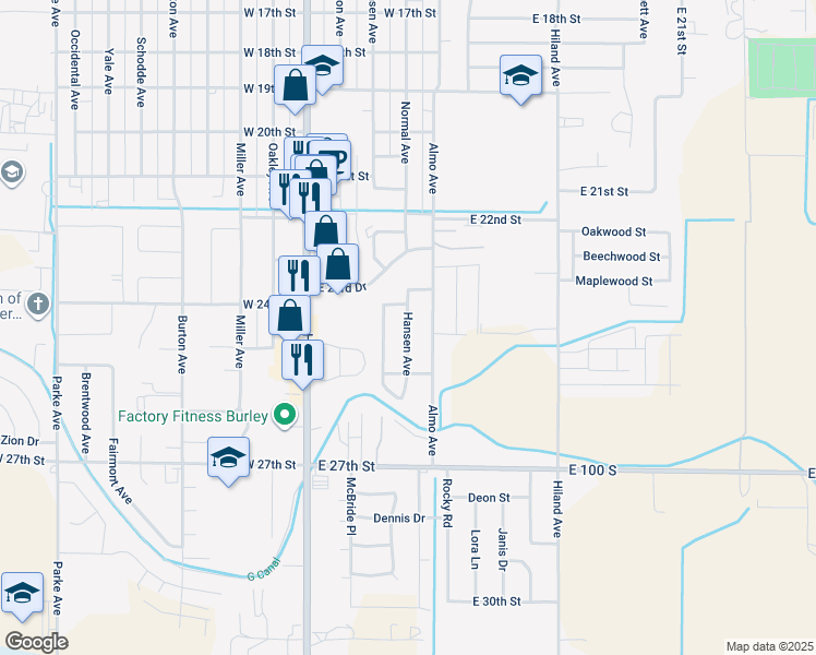 map of restaurants, bars, coffee shops, grocery stores, and more near 2447 Hansen Avenue in Burley