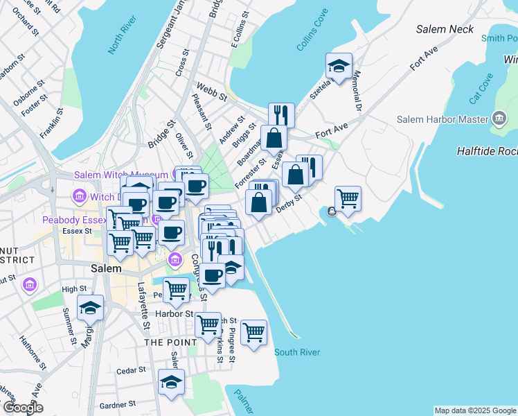 map of restaurants, bars, coffee shops, grocery stores, and more near 143 Derby Street in Salem
