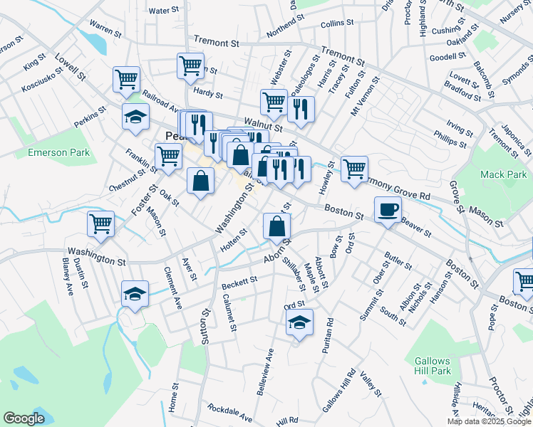 map of restaurants, bars, coffee shops, grocery stores, and more near 24 Holten Street in Peabody