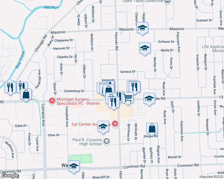 map of restaurants, bars, coffee shops, grocery stores, and more near 11575 13 Mile Road in Warren