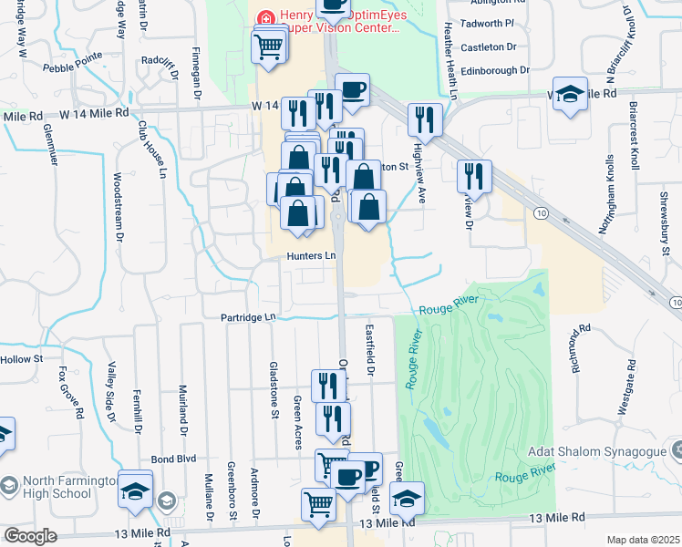 map of restaurants, bars, coffee shops, grocery stores, and more near 30597 Orchard Lake Road in Farmington Hills