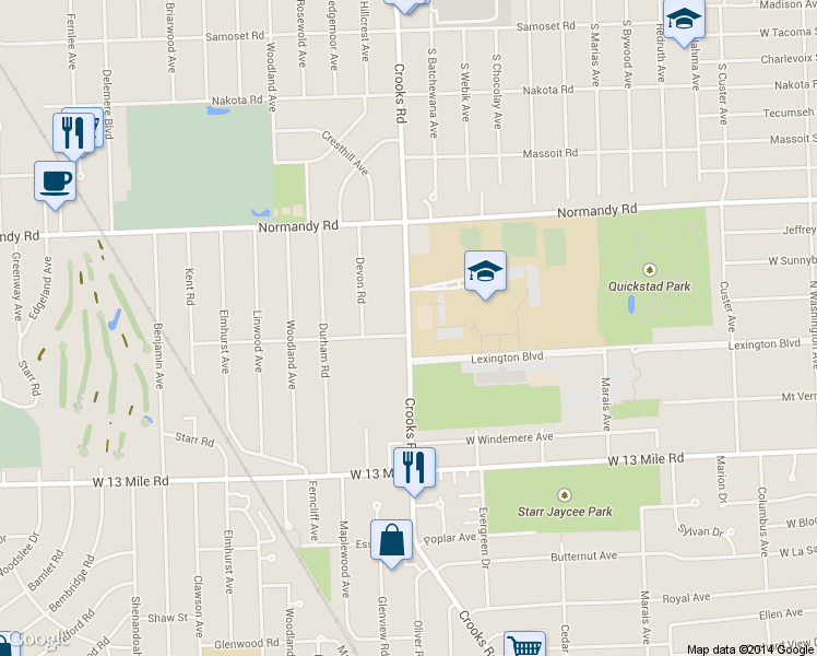 map of restaurants, bars, coffee shops, grocery stores, and more near 3619 Crooks Road in Royal Oak
