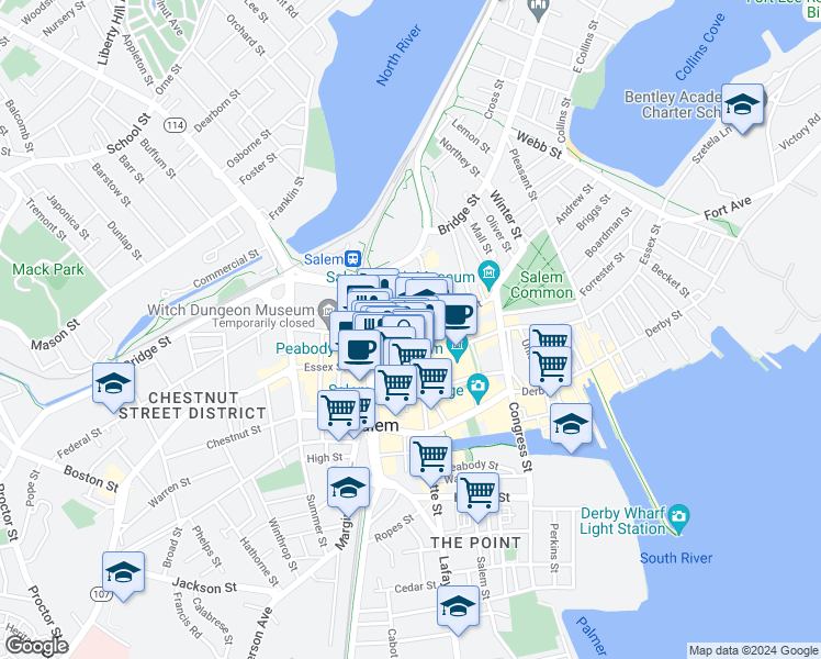 map of restaurants, bars, coffee shops, grocery stores, and more near 200 Essex Street in Salem