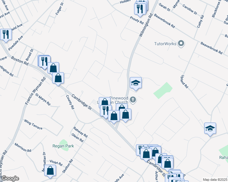 map of restaurants, bars, coffee shops, grocery stores, and more near 18 Alma Road in Burlington