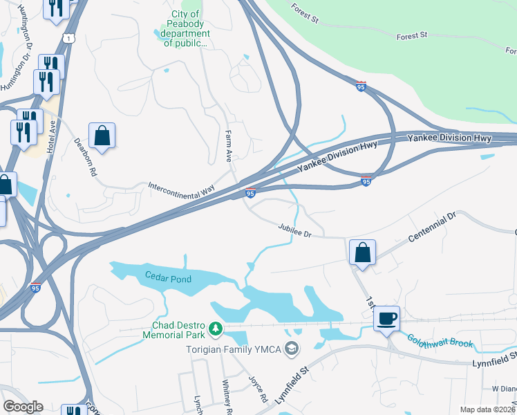map of restaurants, bars, coffee shops, grocery stores, and more near 740 Jubilee Drive in Peabody