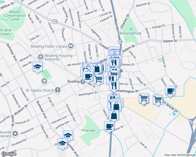 map of restaurants, bars, coffee shops, grocery stores, and more near 71 Haven Street in Reading