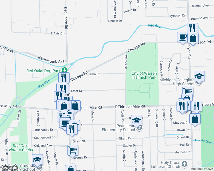 map of restaurants, bars, coffee shops, grocery stores, and more near 2528 Otter Street in Warren