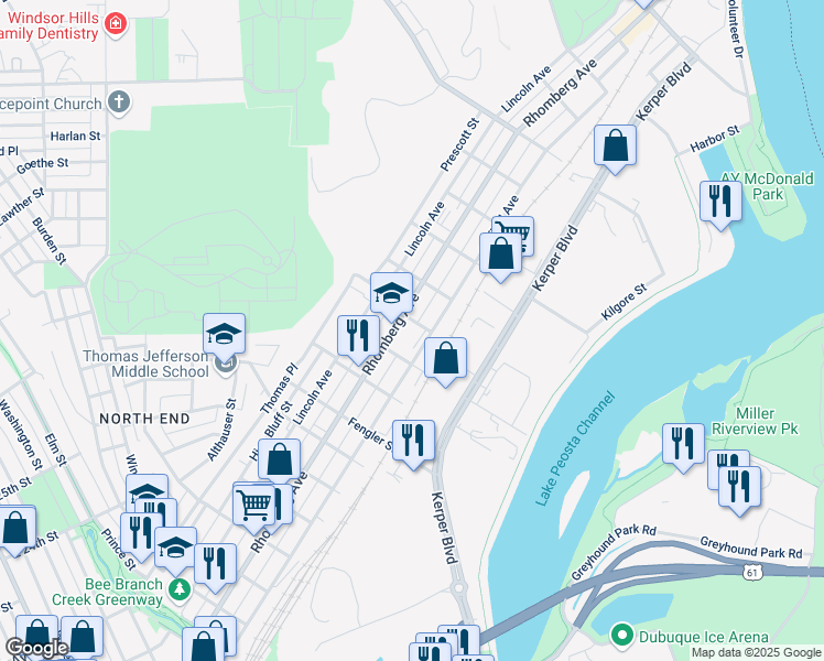 map of restaurants, bars, coffee shops, grocery stores, and more near 1450 Rhomberg Avenue in Dubuque