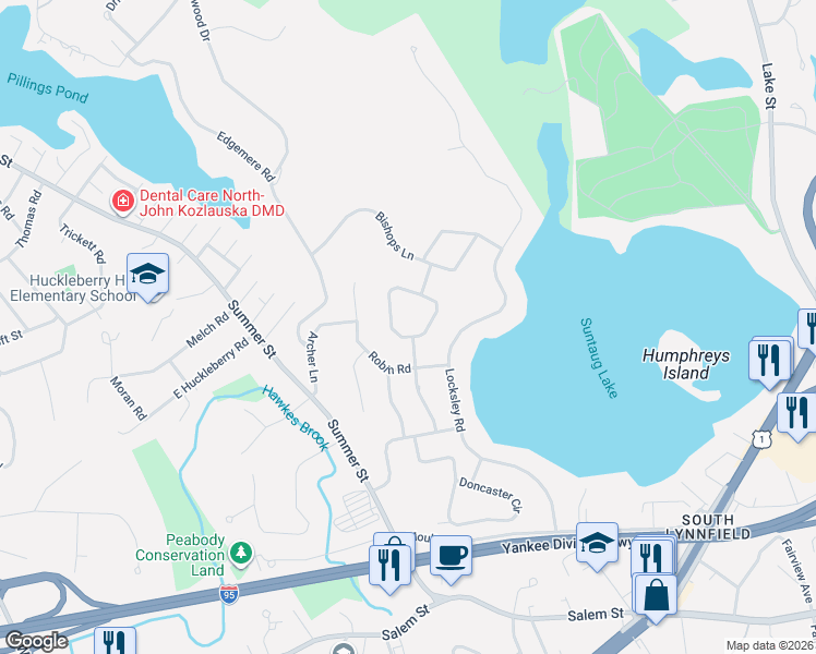 map of restaurants, bars, coffee shops, grocery stores, and more near 20 Longbow Road in Lynnfield