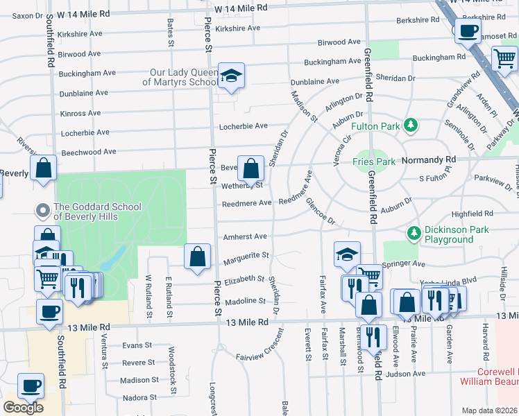 map of restaurants, bars, coffee shops, grocery stores, and more near 16141 Reedmere Avenue in Beverly Hills