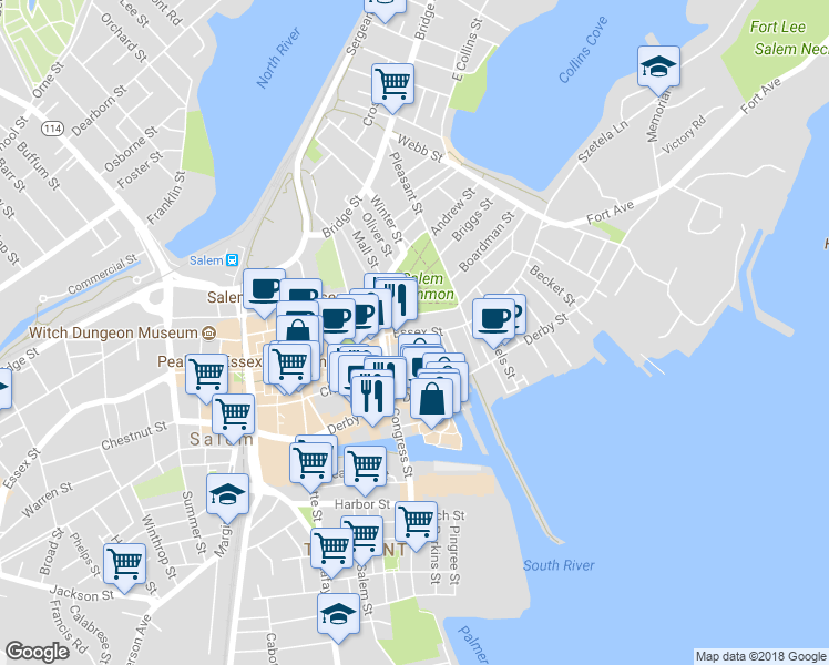 map of restaurants, bars, coffee shops, grocery stores, and more near 1 Herbert Street in Salem