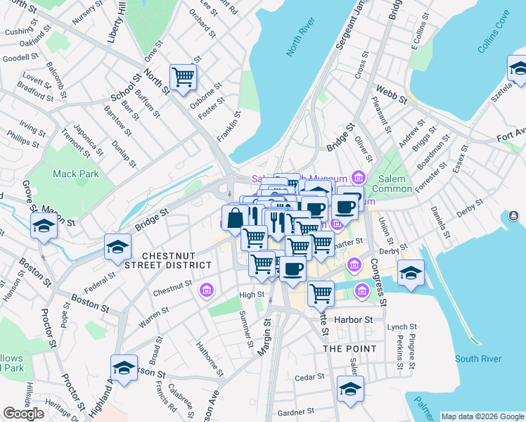 map of restaurants, bars, coffee shops, grocery stores, and more near 284 Essex Street in Salem