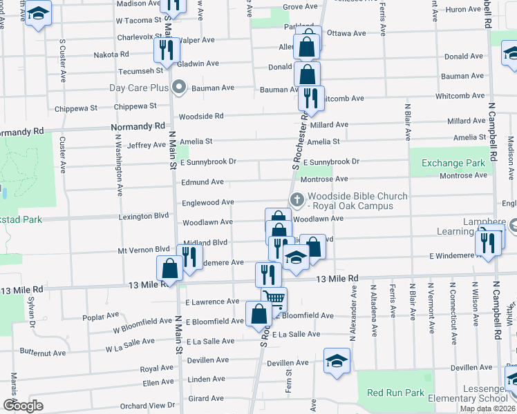 map of restaurants, bars, coffee shops, grocery stores, and more near 341 Woodlawn Avenue in Royal Oak