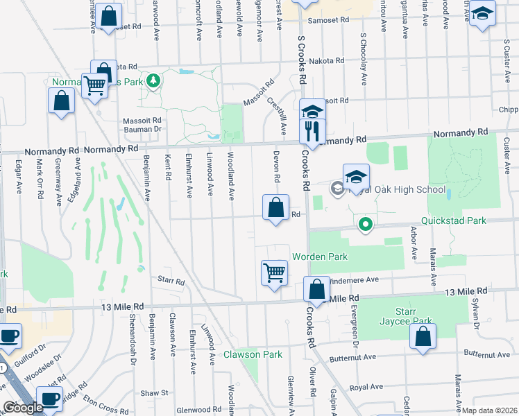 map of restaurants, bars, coffee shops, grocery stores, and more near 1855 Chester Road in Royal Oak