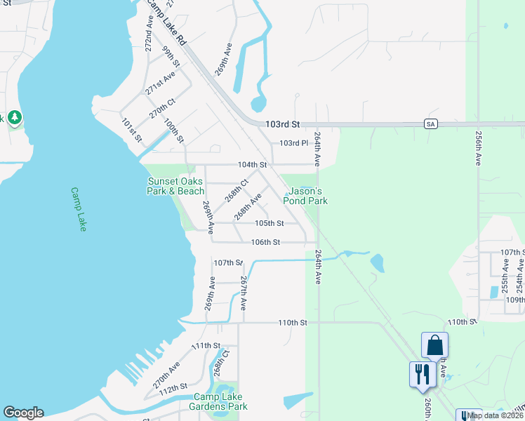 map of restaurants, bars, coffee shops, grocery stores, and more near 26653 105th Street in Trevor