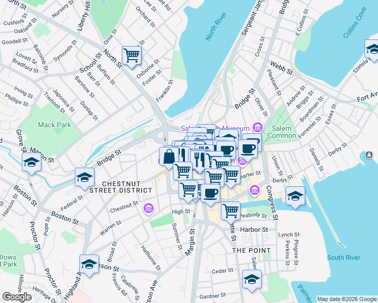 map of restaurants, bars, coffee shops, grocery stores, and more near 284 Essex Street in Salem