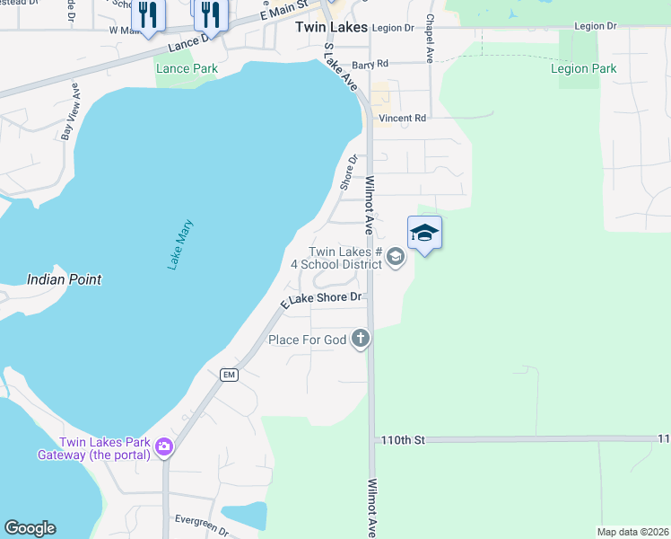 map of restaurants, bars, coffee shops, grocery stores, and more near 549 Oakwood Trail in Twin Lakes