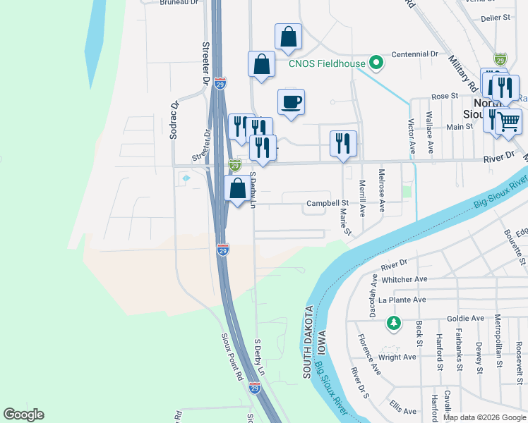 map of restaurants, bars, coffee shops, grocery stores, and more near 212-218 South Derby Lane in North Sioux City