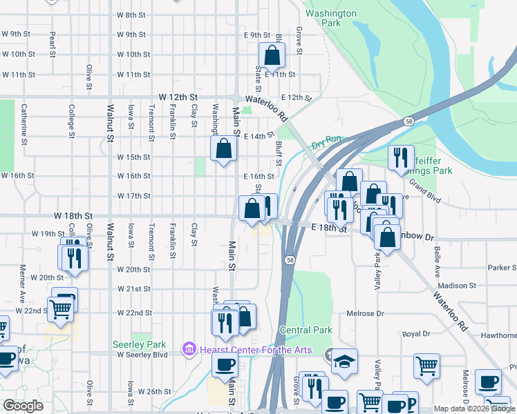 map of restaurants, bars, coffee shops, grocery stores, and more near 254-334 E 18th St in Cedar Falls