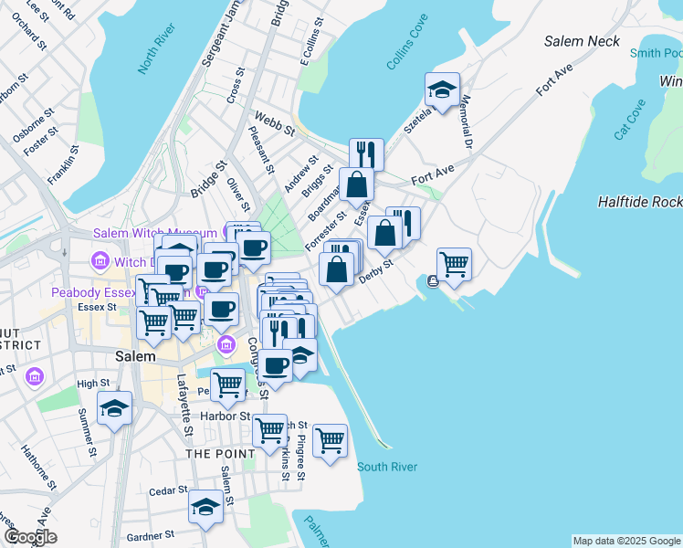 map of restaurants, bars, coffee shops, grocery stores, and more near 143 Derby Street in Salem